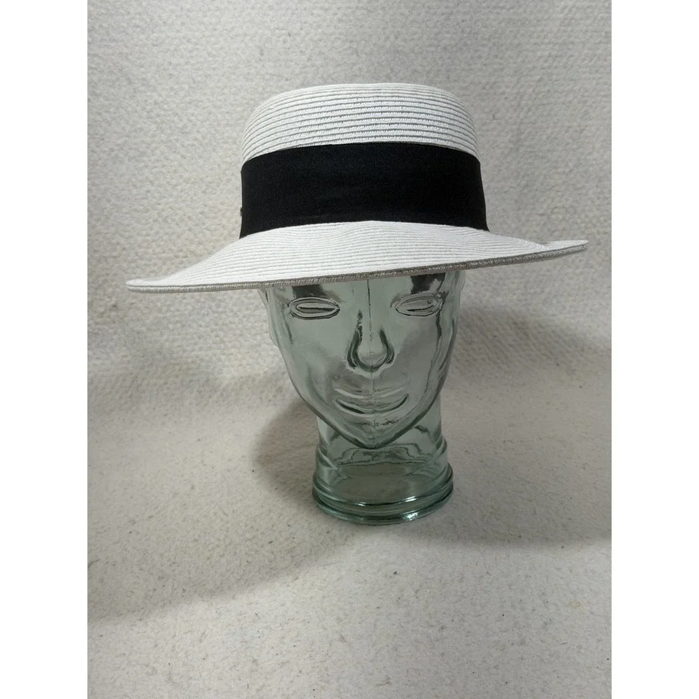 Scala Womens White Wide Brim Sun Hat Black Bow Ribbon Coastal Elegant Derby